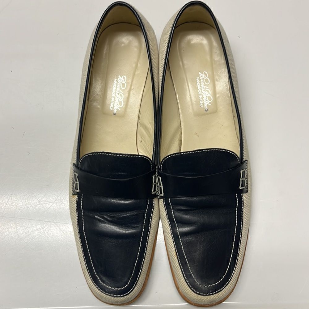 Brooks Brothers Beige Navy Twill and Leather Classic Slip-On Loafers- Size 8